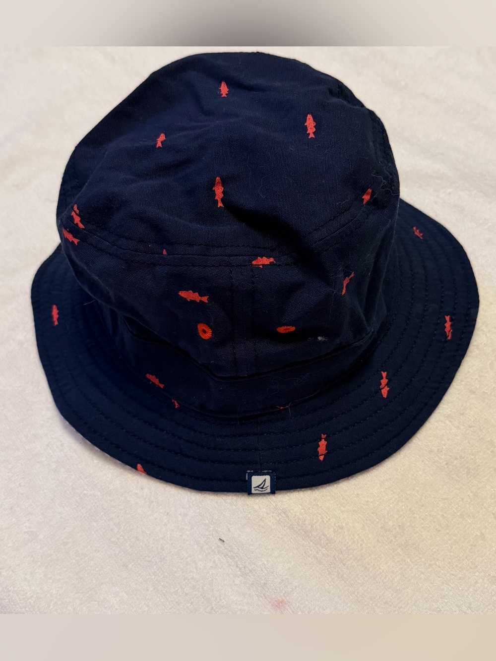 Sperry Navy Bucket Hat with Red Fish Print